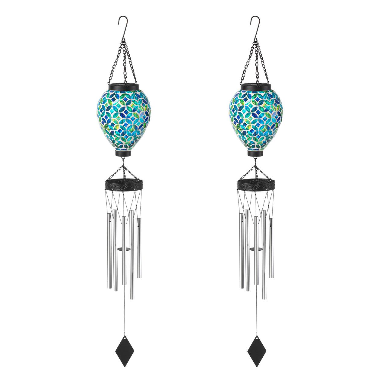 Glitzhome® 37" Blue & Green Solar Lighted Metal & Glass Mosaic Windchime